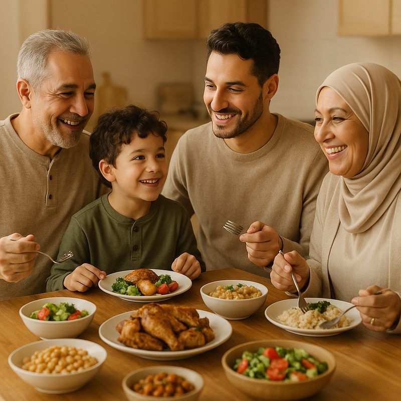 عائلة من ثلاثة أجيال تتشارك وجبة على طاولة المطبخ